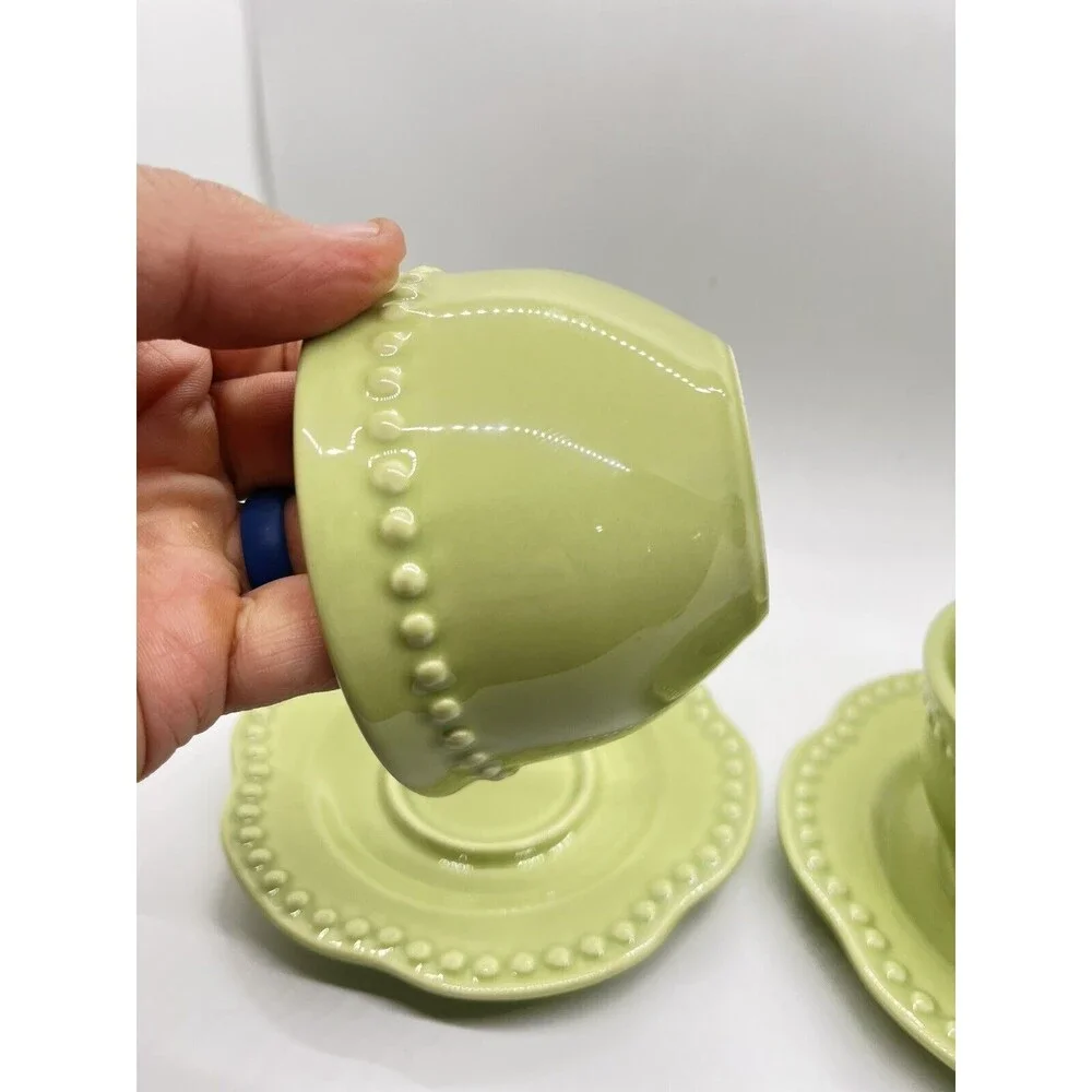 SET OF 2 POTTERY BARN EMMA GREEN BEADED CUP & SAUCER SETS PORTUGAL